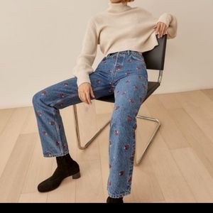 Reformation Mushroom Embroidered High Rise Straight Jeans size 27 NWT